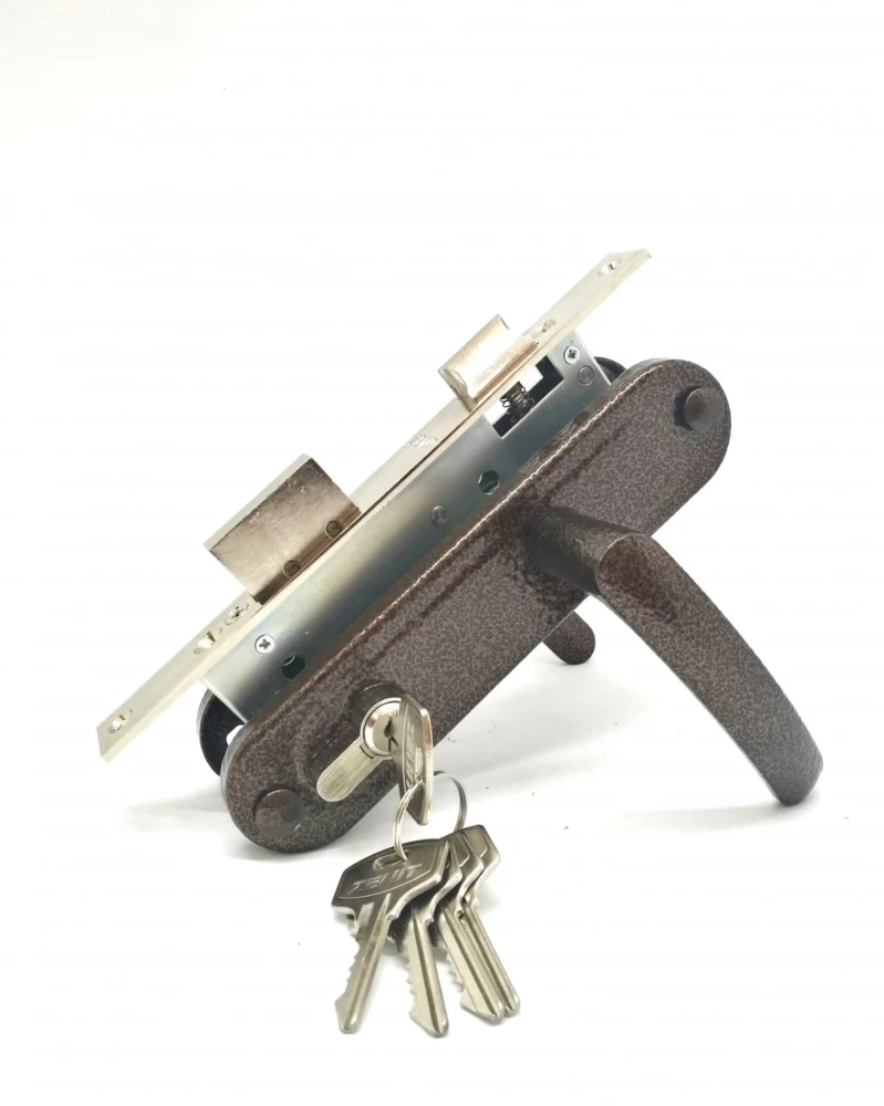 Фото Замок врезной цилиндровый с защёлкой в комплекте с ручкой ЗВ7-70.4-02 (медь), 5 кл.